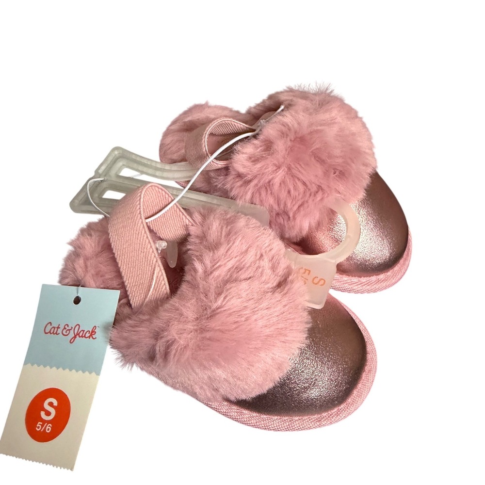 Cat & Jack Slippers Kids S 5/6 Pink Rose Gold Faux Fur Lila Metallic Shimmer New